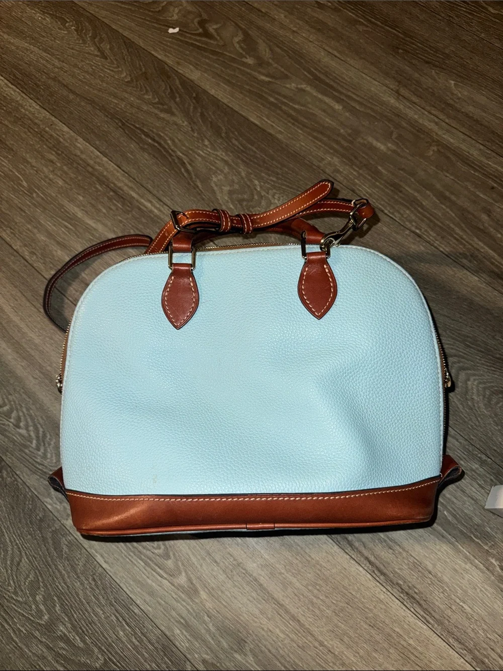 Dooney & Bourke Light Blue Leather Satchel with Tan Trim